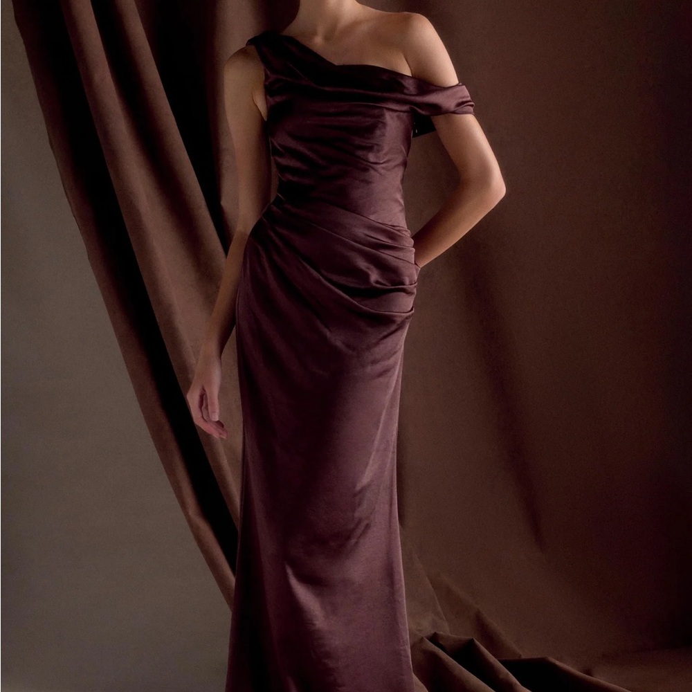 Meshki Dalia Off Shoulder Satin Maxi Dress - Dark Chocolate